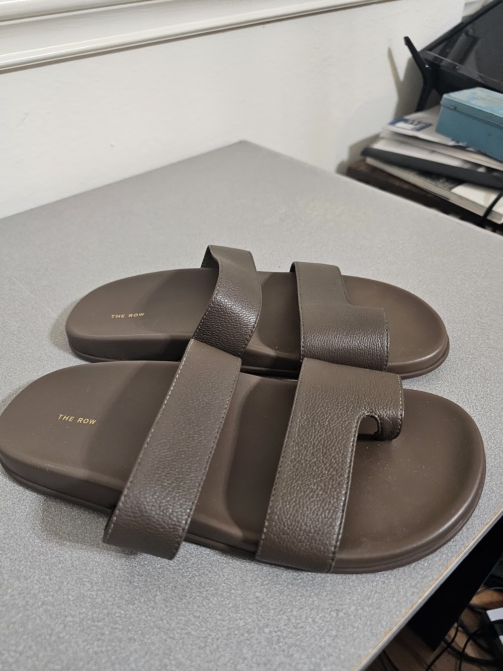 The Row Women’s Brown Double-Strap Leather Slide Sandals